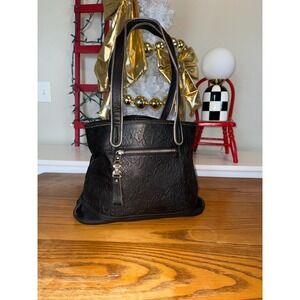B Makowsky Black Embossed Leather Tote Bag Gold Hardware Zip Pocket